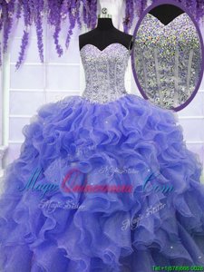 Smart Sequins Purple Sleeveless Organza Lace Up Quince Ball Gowns