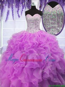 Excellent Fuchsia Sweetheart Neckline Ruffles Sweet 16 Dress Sleeveless Lace Up