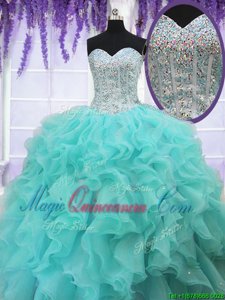 Aqua Blue Ball Gowns Sweetheart Sleeveless Organza Floor Length Lace Up Ruffles and Sequins 15th Birthday Dress