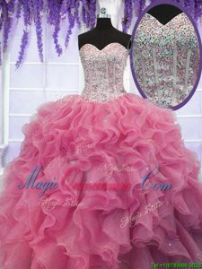 Rose Pink Lace Up Quinceanera Gown Ruffles and Sequins Sleeveless Floor Length