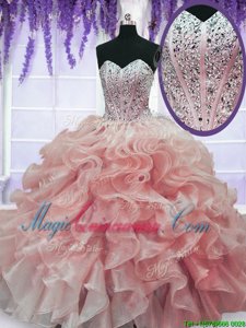 High End Ball Gowns Quinceanera Gown Watermelon Red Sweetheart Organza Sleeveless Floor Length Lace Up