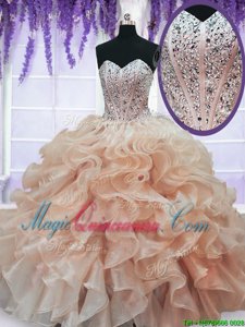 Customized Peach Sweetheart Lace Up Beading and Ruffles 15th Birthday Dress Sleeveless