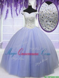 Glamorous Tulle Off The Shoulder Short Sleeves Lace Up Beading 15th Birthday Dress in Lavender