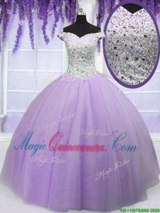 Lavender Tulle Lace Up Off The Shoulder Short Sleeves Floor Length Quinceanera Dress Beading