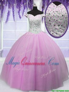 Off the Shoulder Lilac Short Sleeves Floor Length Beading Lace Up Quinceanera Dresses