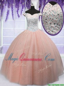 Luxury Off The Shoulder Short Sleeves 15th Birthday Dress Floor Length Beading Peach Tulle