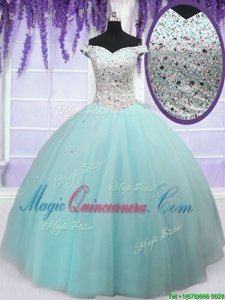 Fashionable Off the Shoulder Short Sleeves Floor Length Lace Up 15 Quinceanera Dress Light Blue and In for Military Ball and Sweet 16 and Quinceanera with Beading
