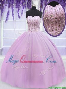 Pretty Lilac Ball Gowns Tulle Sweetheart Sleeveless Beading Floor Length Lace Up 15th Birthday Dress