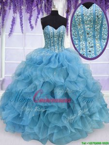 High Quality Aqua Blue Organza Lace Up Sweetheart Sleeveless Floor Length Sweet 16 Quinceanera Dress Beading and Ruffles