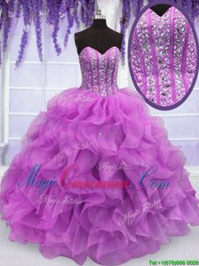 Charming Sleeveless Organza Floor Length Lace Up Ball Gown Prom Dress in Lilac for with Beading and Ruffles