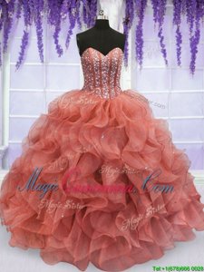 Best Selling Watermelon Red Lace Up Sweet 16 Quinceanera Dress Beading and Ruffles Sleeveless Floor Length