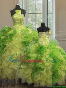 Suitable Multi-color Ball Gowns Beading and Ruffles Quinceanera Dresses Lace Up Organza Sleeveless Floor Length