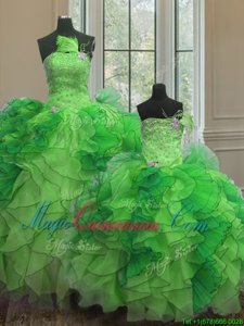 Green Ball Gowns Strapless Sleeveless Organza Floor Length Lace Up Beading and Ruffles Quince Ball Gowns