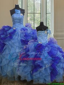 Strapless Sleeveless Ball Gown Prom Dress Floor Length Beading and Ruffles Multi-color Organza