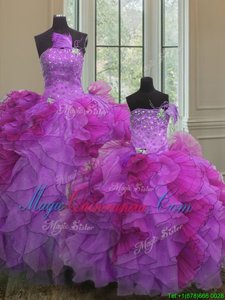 Multi-color Lace Up Strapless Beading and Ruffles Quinceanera Gown Organza Sleeveless
