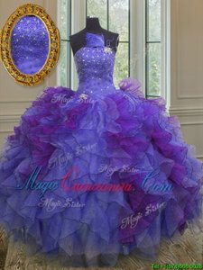 Halter Top Beading and Ruffles 15 Quinceanera Dress Multi-color Lace Up Sleeveless Floor Length