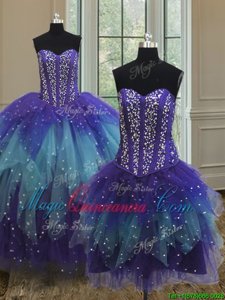 Dazzling Three Piece Sleeveless Floor Length Beading and Ruffles and Sequins Lace Up 15th Birthday Dress with Multi-color