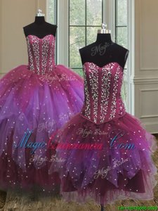 Admirable Three Piece Sleeveless Lace Up Floor Length Beading and Ruffles and Sequins 15th Birthday Dress