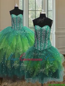 Eye-catching Three Piece Multi-color Lace Up Ball Gown Prom Dress Beading Sleeveless Floor Length