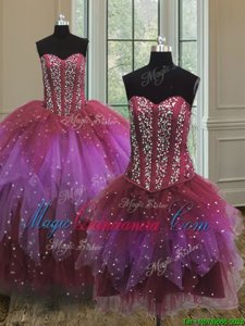 Three Piece Sleeveless Tulle Floor Length Lace Up 15th Birthday Dress in Multi-color for with Beading