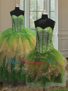 Three Piece Multi-color Sleeveless Floor Length Beading Lace Up Quince Ball Gowns