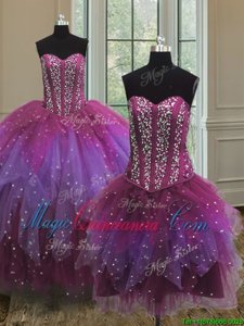 Suitable Three Piece Multi-color Ball Gowns Sweetheart Sleeveless Tulle Floor Length Lace Up Beading 15 Quinceanera Dress