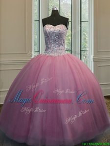 Custom Designed Baby Pink Lace Up Sweetheart Beading Quince Ball Gowns Organza Sleeveless
