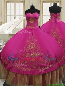 Flirting Sleeveless Floor Length Beading and Embroidery Lace Up Quinceanera Dresses with Fuchsia