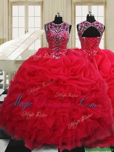 Deluxe Scoop Floor Length Lace Up Vestidos de Quinceanera Red and In for Military Ball and Sweet 16 and Quinceanera with Beading and Pick Ups