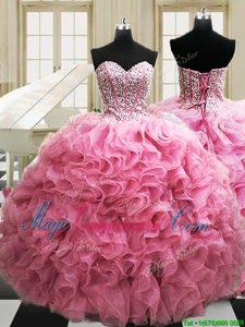 Simple Rose Pink Ball Gowns Sweetheart Sleeveless Organza Floor Length Lace Up Beading and Ruffles Quinceanera Gown