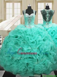 Straps Straps Apple Green Lace Up Vestidos de Quinceanera Beading and Ruffles Sleeveless Floor Length