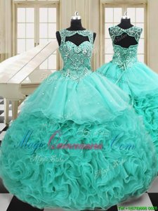 Latest Scoop Sleeveless Quince Ball Gowns Court Train Beading and Ruffles Apple Green Organza