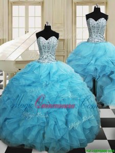 Fitting Three Piece Baby Blue Sleeveless Organza Lace Up Ball Gown Prom Dress for Military Ball and Sweet 16 and Quinceanera
