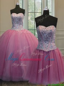 Luxury Three Piece Rose Pink Lace Up Quinceanera Gown Beading Sleeveless Floor Length