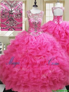 Scoop Hot Pink Organza Lace Up 15th Birthday Dress Sleeveless Floor Length Beading and Ruffles