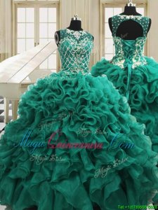 Admirable Scoop Sleeveless Floor Length Beading and Ruffles Lace Up Sweet 16 Quinceanera Dress with Teal