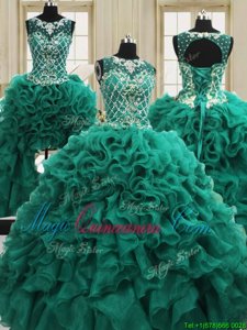 Four Piece Scoop Sleeveless Floor Length Beading and Ruffles Lace Up Quinceanera Gowns with Dark Green