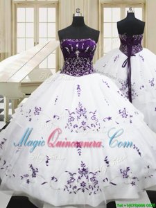 Exquisite White Organza Lace Up Strapless Sleeveless Floor Length Sweet 16 Dress Beading and Embroidery