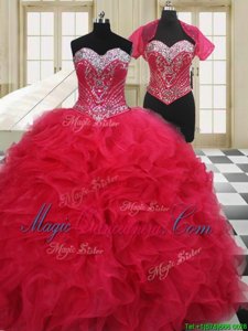 Luxurious Red Ball Gowns Organza Sweetheart Sleeveless Beading Floor Length Lace Up Sweet 16 Dress