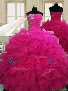 Sweetheart Sleeveless Zipper Quinceanera Gown Hot Pink Organza