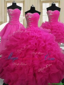 Glittering Four Piece Sweetheart Sleeveless Zipper Quinceanera Dresses Hot Pink Organza