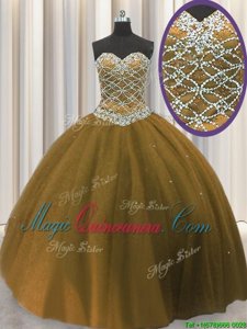 Superior Floor Length Lace Up Ball Gown Prom Dress Brown and In for Military Ball and Sweet 16 and Quinceanera with Beading
