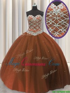 Floor Length Lace Up Ball Gown Prom Dress Brown and In for Military Ball and Sweet 16 and Quinceanera with Beading and Sequins