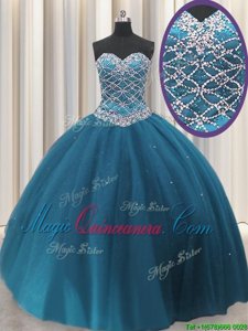 Teal Ball Gowns Beading and Sequins Sweet 16 Quinceanera Dress Lace Up Tulle Sleeveless Floor Length