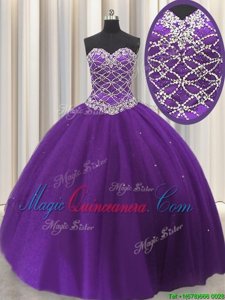 Best Floor Length Eggplant Purple Sweet 16 Dress Tulle Sleeveless Beading and Sequins