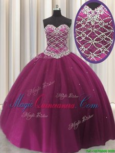 Beading and Sequins Sweet 16 Quinceanera Dress Fuchsia Lace Up Sleeveless Floor Length
