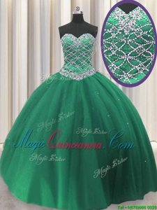 Dark Green Ball Gowns Beading and Sequins 15 Quinceanera Dress Lace Up Tulle Sleeveless Floor Length