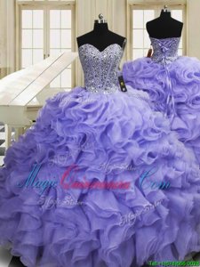 Elegant Lavender Sleeveless Organza Sweep Train Lace Up Sweet 16 Dresses for Military Ball and Sweet 16 and Quinceanera