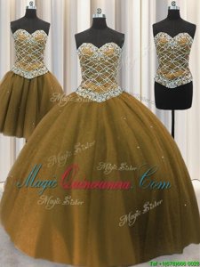 Fabulous Three Piece Brown Sleeveless Floor Length Beading and Sequins Lace Up Quinceanera Dresses