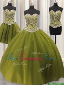 Adorable Three Piece Beading and Sequins Sweet 16 Dresses Olive Green Lace Up Sleeveless Floor Length